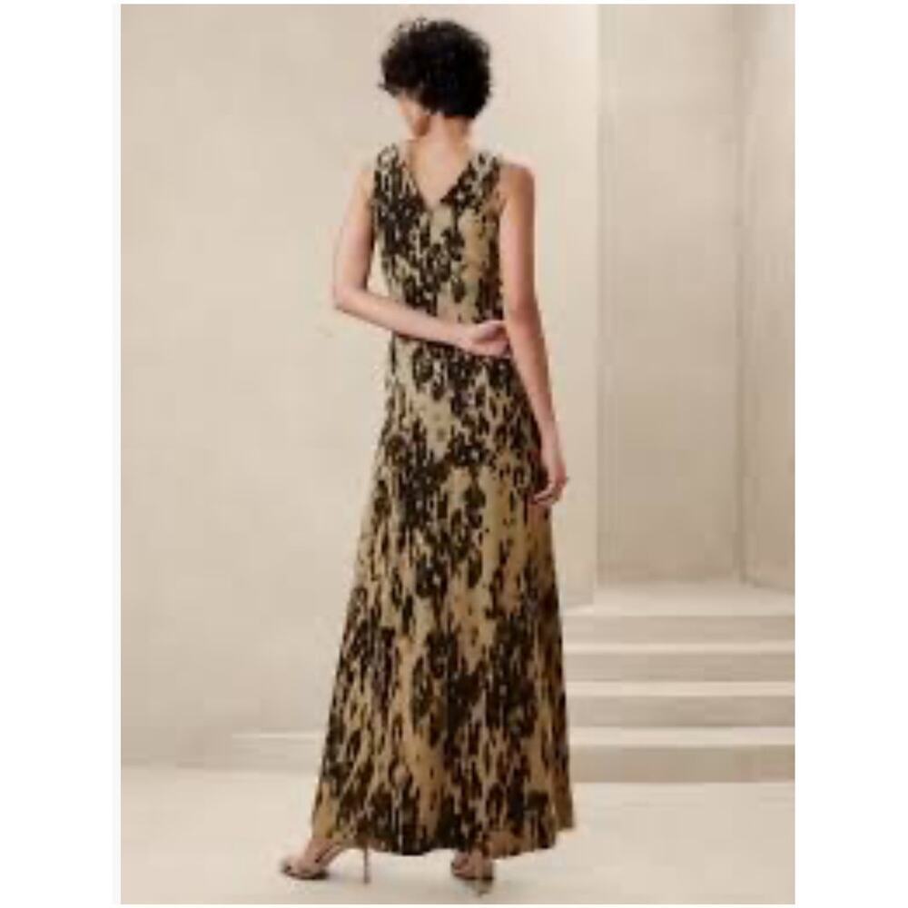 Banana Republic Linen Blend Bodice Seam Maxi Dress 12P 12 Tan Leopard Print NEW - Picture 3 of 11